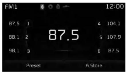 FM1 87.5 1 88.1 2 98.1 3 87.5 4 104.1 5 107.9 6 87.5 Preset A.Store