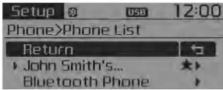 Setup 0 USB 12:00 Phone>Phone List Return John Smith's... Bluetooth Phone