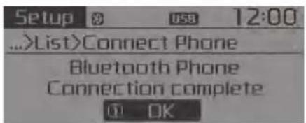Setup 8 USB 12:00 ...>List>Connect Phone Bluetooth Phone Connection complete OK