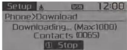 Setup USB 12:00 Phone>Download Downloading... (Max:1000) Contacts (0065) Stop