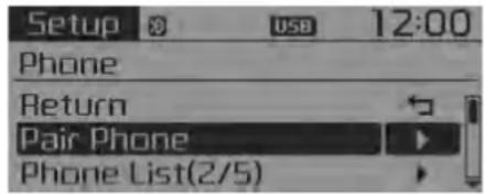 Setup USB 12:00 Phone Return Pair Phone Phone List(2/5)