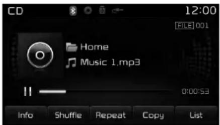 CD 12:00 FILE 001 Home Music 1.mp3 0:00:53 Info Shuffle Repeat Copy List