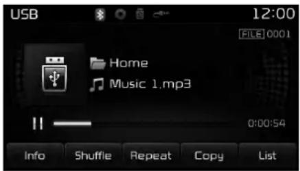 USB 12:00 FILE 0001 Home Music 1.mp3 0:00:54 Info Shuffle Repeat Copy List