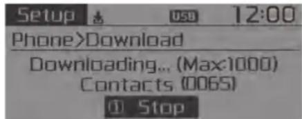 Setup USB 12:00 Phone>Download Downloading... (Max:1000) Contacts (0065) Stop