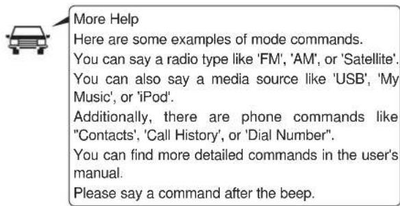 More Help Here are some examples of mode commands. You can say a radio type like 'FM', 'AM', or 'Satellite'. You can also say a media source like 'USB', 'My Music', or 'iPod'. Additionally, there are phone commands like "Contacts", 'Call History', or 'Dial Number'. You can find more detailed commands in the user's manual. Please say a command after the beep.