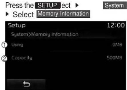 Press the SETUP elect ▶ System ▶ Select Memory Information Setup 12:00 System>Memory Information ① Using 0MB ② Capacity 500MB