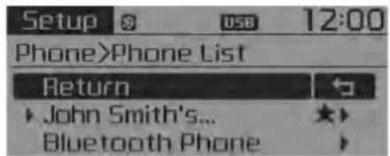 Setup 8 USB 12:00 Phone>Phone List Return John Smith's... Bluetooth Phone