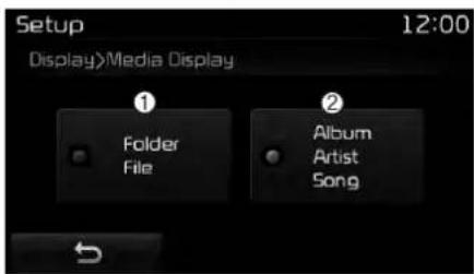 Setup 12:00 Display>Media Display ① Folder File ② Album Artist Song