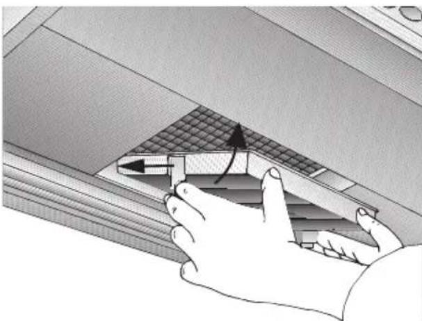 Illustration of a hand pressing down on a textured panel with an arrow indicating direction (no text or symbols)