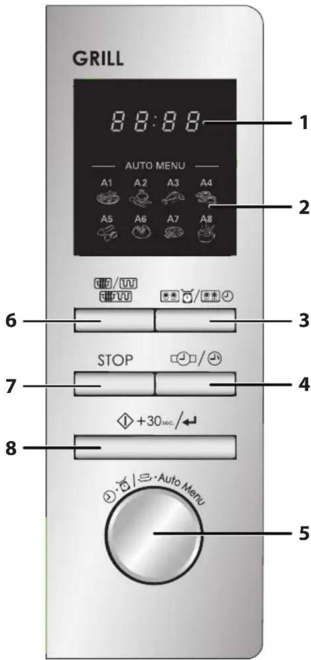 GRILL, 8:8:8:8, AUTO MENU, 1, A1 A2 A3 A4, A5 A6 A7 A8, 6, STOP //, 7, +30sec/←, 8, Auto Menu, 5