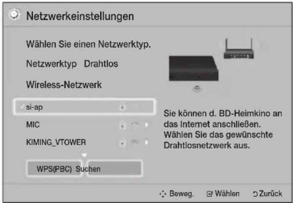 Netzwerkeinstellungen Wählen Sie einen Netzwerktyp. Netzwerktyp Drahtlos Wireless-Netzwerk si-ap MIC KIMING_VTOWER WPS(PBC) Suchen Sie können d. BD-Heimkino an das Internet anschließen. Wählen Sie das gewünschte Drahtlosnetzwerk aus. Beweg. Wählen Zurück