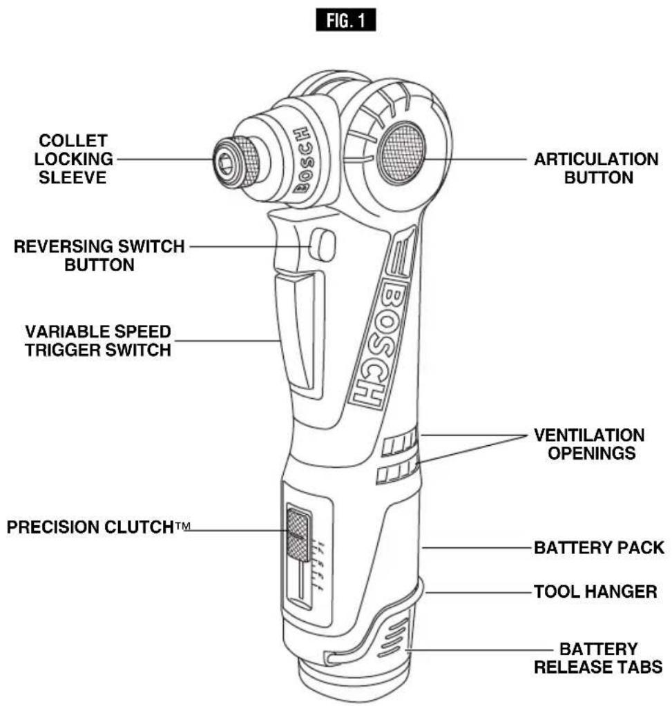 FIG. 1 COLLET LOCKING SLEEVE REVERSING SWITCH BUTTON VARIABLE SPEED TRIGGER SWITCH PRECISION CLUTCH™ ARTICULATION BUTTON VENTILATION OPENINGS BATTERY PACK TOOL HANGER BATTERY RELEASE TABS