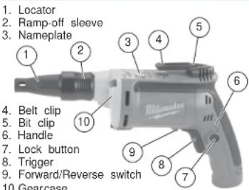 1. Locator 2. Ramp-off sleeve 3. Nameplate 4. Belt clip 5. Bit clip 6. Handle 7. Lock button 8. Trigger 9. Forward/Reverse switch 10. Gearcase