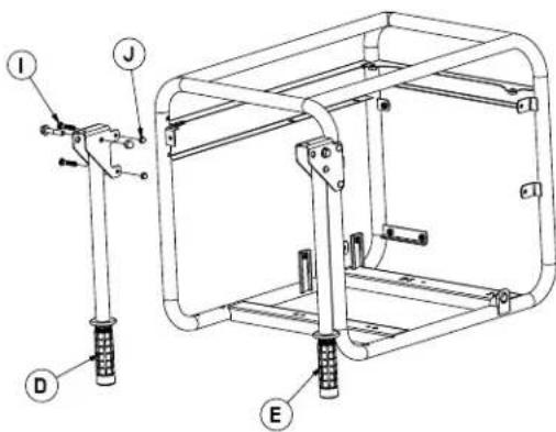 Technical diagram of a mechanical device with labeled components I, J, D, and E