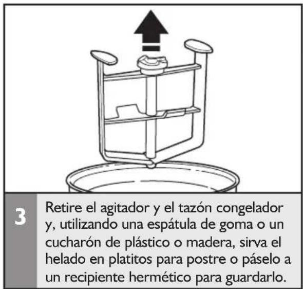 3 Retire el agitador y el tazón congelador y, utilizando una espátula de goma o un cucharón de plástico o madera, sirva el helado en platitos para postre o páselo a un recipiente hermético para guardarlo.