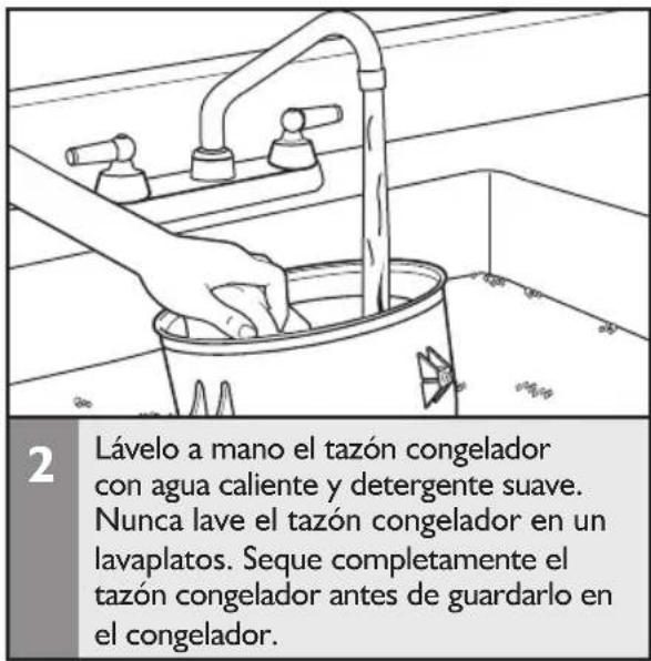 2 Lávelo a mano el tazón congelador con agua caliente y detergente suave. Nunca lave el tazón congelador en un lavaplatos. Seque completamente el tazón congelador antes de guardarlo en el congelador.