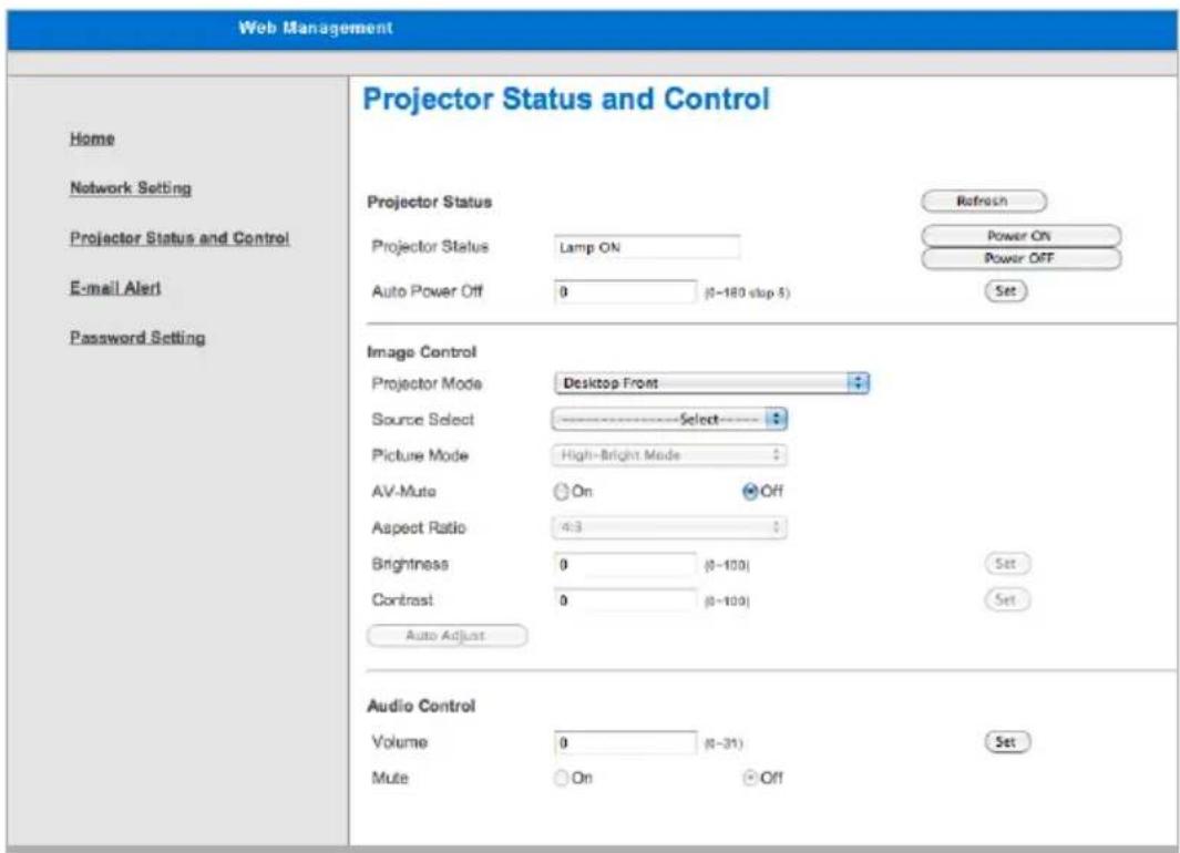 Web Management Home Network Setting Projector Status and Control E-mail Alert Password Setting Projector Status Projector Status Lamp ON Auto Power Off 0 (0-180 stop 5) Image Control Projector Mode Desktop Front Source Select Select Picture Mode High-Bright Mode AV-Muto On Off Aspect Ratio 4:3 Brightness 0 (0-100) Set Contrast 0 (0-100) Set Auto Adjust Audio Control Volume 0 (0-31) Set Mute On Off