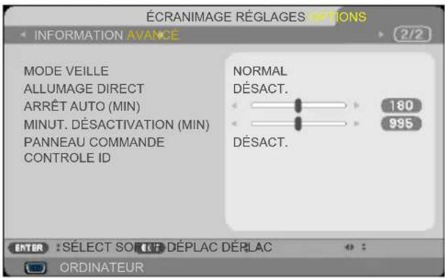 ÉCRANIMAGE RÉGLAGES OPTIONS INFORMATION AVANCE MODE VEILLE ALLUMAGE DIRECT ARRÊT AUTO (MIN) MINUT. DÉSACTIVATION (MIN) PANNEAU COMMANDE CONTROLE ID NORMAL DÉSACT. 180 995 DÉSACT. ENTER : SÉLECT SOLE DÉPLAC DÉPLAC ORDINATEUR