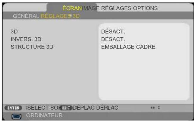 ÉCRAN IMAGE RÉGLAGES OPTIONS GÉNÉRAL RÉGLAGES 3D 3D INVERS. 3D STRUCTURE 3D DÉSACT. DÉSACT. EMBALLAGE CADRE ENTER :SÉLECT SOF IHT DEPLAC DÉPLAC ORDINATEUR