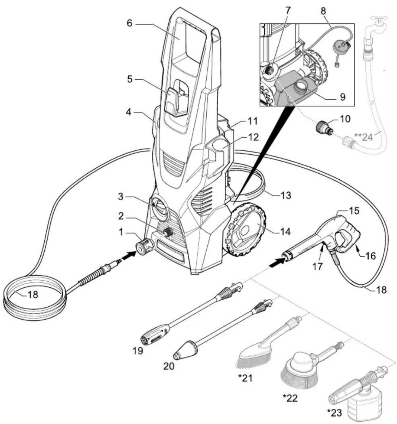 Technical diagram of a water purifier with numbered components and labeled parts, including hoses, tubing, and spray bottles.