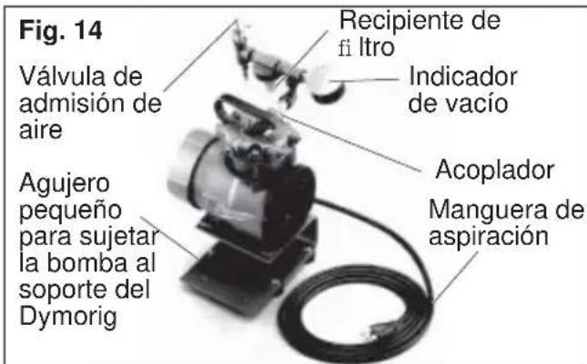 Fig. 14 Válvula de admisión de aire Agujero pequeño para sujetar la bomba al soporte del Dymorig Recipiente de fi itro Indicador de vacío Acoplador Manguera de aspiración