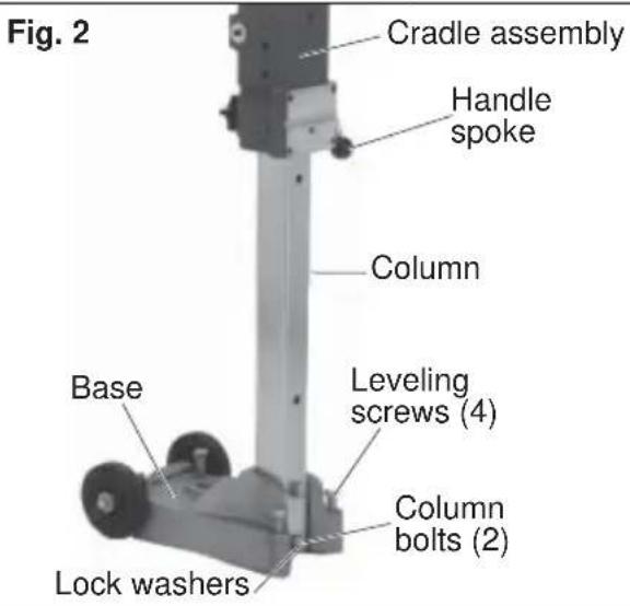 Fig. 2 Cradle assembly Handle spoke Column Base Leveling screws (4) Column bolts (2) Lock washers