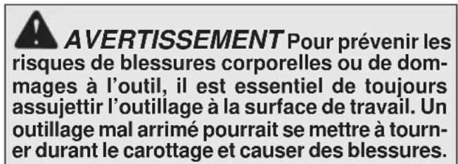 AVERTISSEMENT Pour prévenir les risques de blessures corporelles ou de dommages à l'outil, il est essentiel de toujours assujettir l'outillage à la surface de travail. Un outillage mal arrimé pourrait se mettre à tourner durant le carottage et causer des blessures.