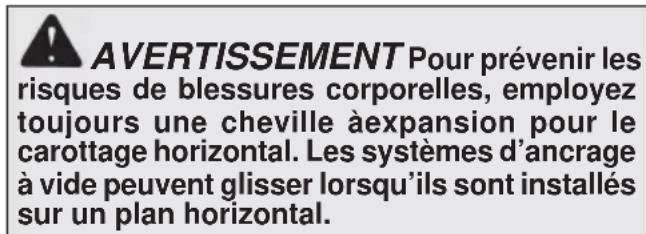 AVERTISSEMENT Pour prévenir les risques de blessures corporelles, employez toujours une cheville àexpansion pour le carottage horizontal. Les systèmes d'ancrage à vide peuvent glisser lorsqu'ils sont installés sur un plan horizontal.