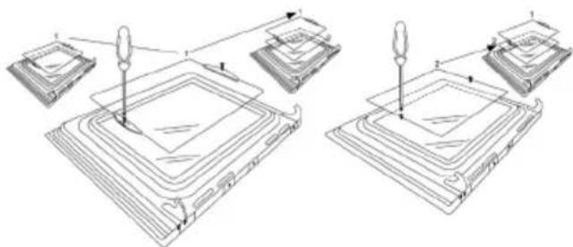Technical diagram showing two views of a device with labeled components and assembly steps