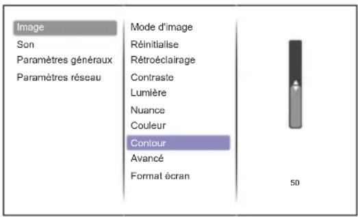 Image Son Paramètres généraux Paramètres réseau Mode d'image Réinitialise Rétroéclairage Contraste Lumière Nuance Couleur Contour Avancé Format écran 50