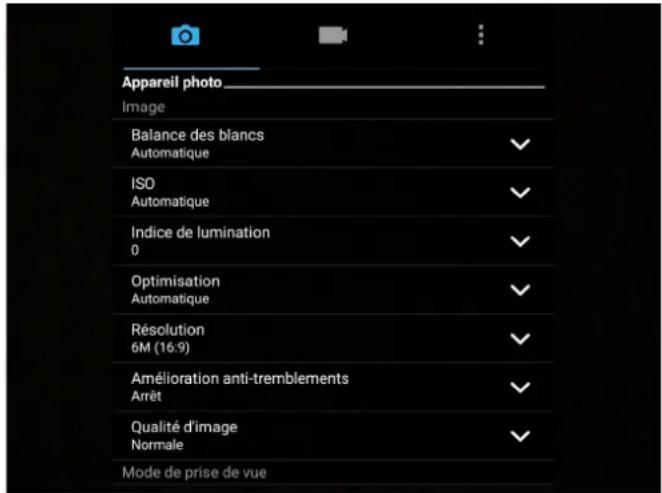 Appareil photo Image Balance des blancs Automatique ISO Automatique Indice de lumination 0 Optimisation Automatique Résolution 6M (16:9) Amélioration anti-tremblements Arrêt Qualité d'image Normale Mode de prise de vue