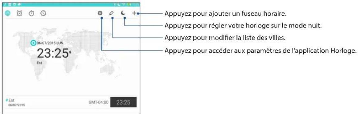 Appuyez pour ajouter un fuseau horaire. Appuyez pour régler votre horloge sur le mode nuit. Appuyez pour modifier la liste des villes. Appuyez pour accéder aux paramètres de l'application Horloge. 06/07/2015 LUN 23:25° Est 06/07/2015 GMT-04:00 23:25