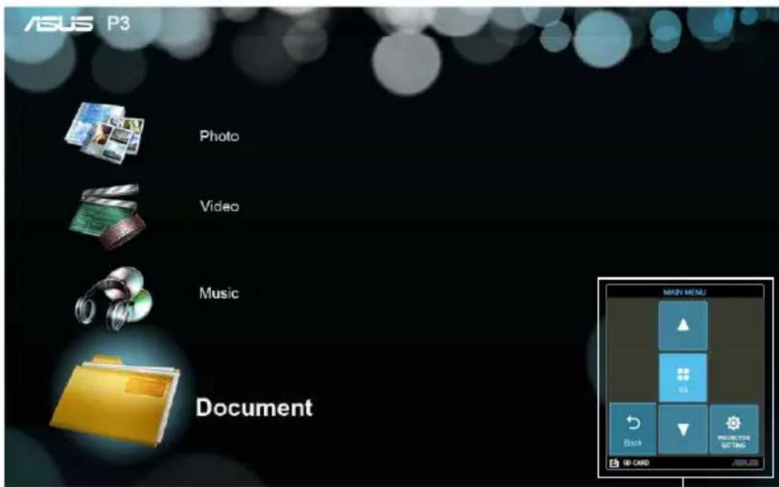 ASUS P3 Photo Video Music Document MAIN MENU Back PROTECTIVE SETTING ID CARD ASUS