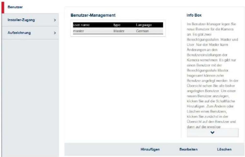 Benutzer Installer-Zugang > Aufzeichnung > Benutzer-Management user name type Language master Master German Info Box Im Benutzer-Manager legen Sie neue Benutzer für die Kamera an. Es gibt zwei Berechtigungsstufen. Master und User. Nur der Master kann Änderungen an den Benutzereinstellungen der Kamera vornehmen. Es gibt nur einen Benutzer mit der Berechtigungsstufe Master Insgesamt können zehn Benutzer angelegt werden. In der Übersicht sehen Sie alle bisher angelegten Benutzer. Um einen neuen Benutzer anzulegen, klicken Sie auf die Schafffläche Hinzufügen. Zum Ändern oder Löschen eines Benutzers, klicken Sie zunächst in der Übersicht auf den Benutzer und dann auf die jeweilige Hinzufügen Bearbeiten Löschen
