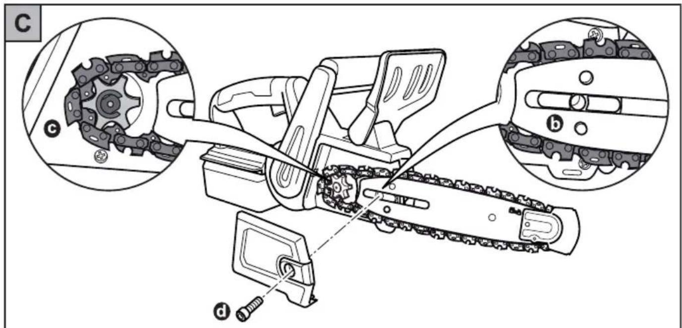 Technical diagram of a chain-linking device with labeled parts and cross-sectional views