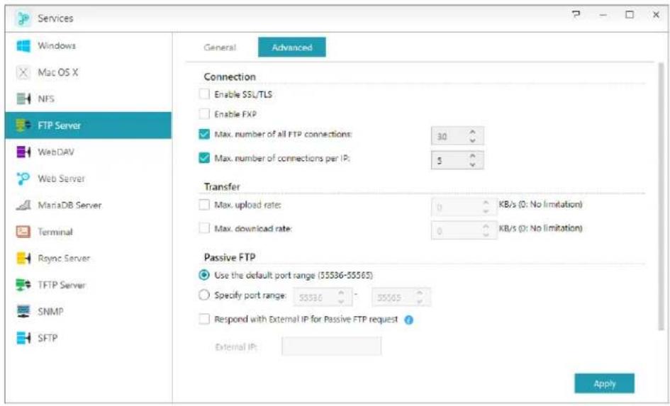 Services Windows Mac OS X NFS FTP Server WebDAV Web Server MariaDB Server Terminal Roync Server TFTP Server SNMP SFTP General Advanced Connection Enable SSL/TLS Enable FXP Max. number of all FTP connections: 30 Max. number of connections per IP: 5 Transfer Max. upload rate: 0 KB/s (0: No limitation) Max. download rate: 0 KB/s (0: No limitation) Passive FTP Use the default port range (55536-55565) Specify port range: 55536 35565 Respond with External IP for Passive FTP request External IP: Apply