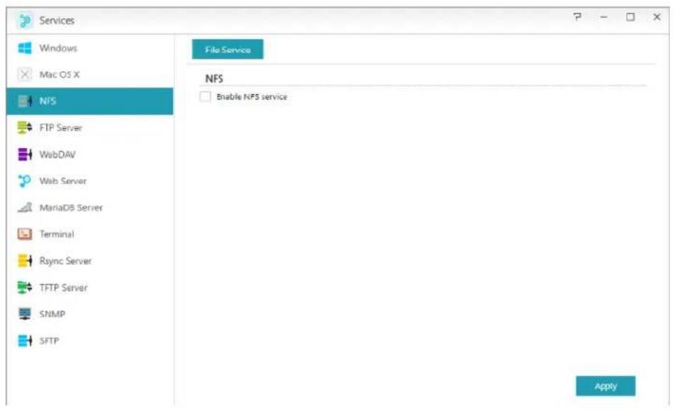 Services Windows Mac OS X NFS FTP Server WebDAV Web Server MariaDB Server Terminal Rsync Server TFTP Server SNMP SFTP File Service NFS □ Bnable NFS service Apply
