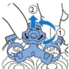 Diagram showing a robotic device with labeled parts and directional arrows indicating motion or operation.