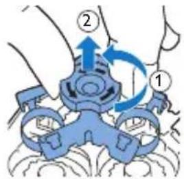 Diagram showing a mechanical device with labeled parts and directional arrows indicating motion or force
