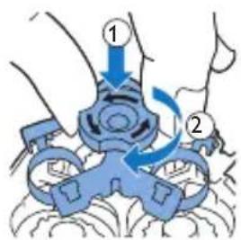 Diagram showing two labeled steps of a mechanical device with directional arrows indicating motion or assembly.