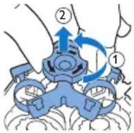 Diagram showing a robotic device with labeled parts and directional arrows indicating motion or operation.