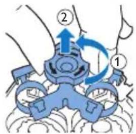 Diagram showing a blue mechanical device with labeled parts and directional arrows indicating motion or force