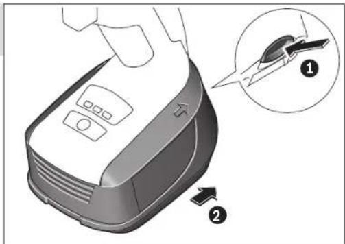 Diagram of a hair dryer with labeled parts and an inset showing a close-up of the device's tip.