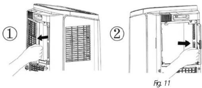 Technical diagram showing two views of a server rack with labeled components and directional arrows indicating movement or assembly.