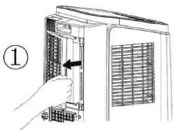 Diagram showing a hand inserting a component into a rack-mounted air conditioner unit, labeled with step 1.
