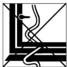 Abstract black-and-white geometric line drawing with no text or symbols