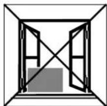 Simple line drawing of a double door frame with diagonal lines and a shaded bottom panel (no text or symbols)