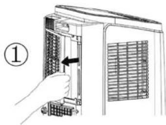 Diagram showing a hand inserting a device into a rack with a directional arrow, labeled with circled number 1.