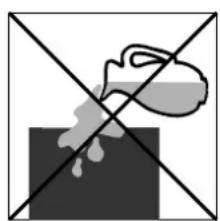 Simple line drawing of a bottle pouring liquid into a container, crossed by two diagonal lines (no text or symbols).