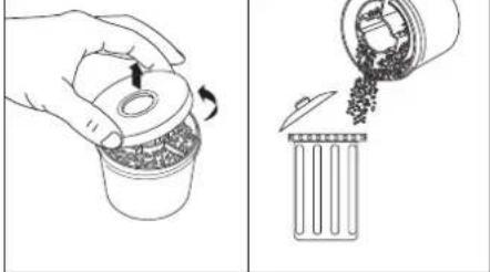 Illustration showing a hand pouring granular material into a container and a trash bin (no text or symbols)